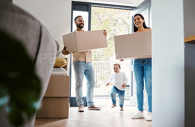 Buy stock photo Moving family, new house and carrying boxes in real estate property as happy people, child and homeowner. Move, parents walking in front door and excited with love, mortgage and apartment relocation