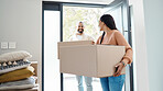 People moving, new house and box with happiness, man and woman, real estate property and home owner. Mortgage, couple walking in front door and partnership, happy with relationship and relocation