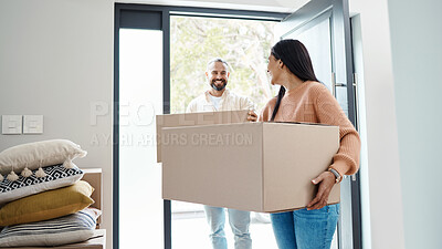 Buy stock photo Happy people moving, new house and carrying box, man and woman, real estate property and home owner. Mortgage, couple walking in front door and partnership with smile, relationship and relocation