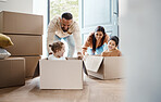 Family play in cardboard box for new house, moving and real estate celebration, investment and excited children. Homeowner parents or mom, dad and kids in boxes game bonding in property home together