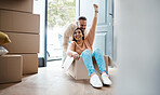 Real estate, boxes and happy couple celebrate for moving in new home, property investment and life together. Mature people or woman with partner celebration, success and cardboard box for house