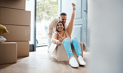 Buy stock photo Real estate, boxes and happy couple celebrate for moving in new home, property investment and life together. Mature people or woman with partner celebration, success and cardboard box for house