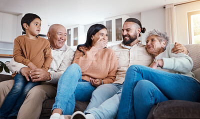 Buy stock photo Relax, bonding and generations of family on sofa together, laughing and smiling in home or apartment. Men, women and children on couch, happy smile with grandparents, parents and kid in living room.