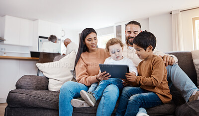 Buy stock photo Bonding, tablet and happy with family on sofa in relax streaming and playing education games. Technology, internet and connection for parents and children browsing online at home for social media app