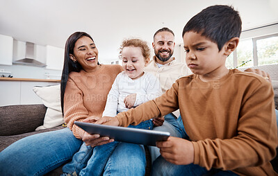Buy stock photo Relax, tablet and happy with family on sofa for search, streaming and games. Technology, internet and connection with parents and children browsing online at home for social media, app and digital