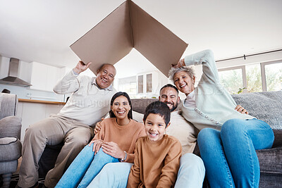 Buy stock photo Senior family, cardboard roof and portrait in moving, real estate investment or home insurance of senior people and kid. People or parents and children with box for property, house or mortgage cover