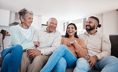 Buy stock photo Portrait, happy family and relax on a sofa, laughing and bonding in a living room together. Seniors, retirement and weekend visit by man and woman with mature parents, carefree and fun at home