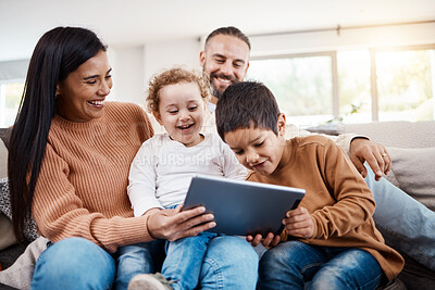 Buy stock photo Family, tablet and children learning online in the living room of home with happy parents for child development. Education, funny video or internet with a father, mother and kids bonding on the sofa