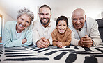 Happy family, portrait and living room floor in a home with a smile from bonding together. Happiness, bonding and love of senior people, father and child on a house carpet with grandma and kid