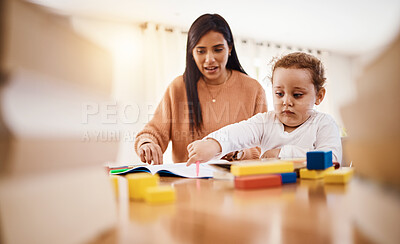 Buy stock photo Learning, education and mother with kid drawing in book in home for studying, homework or homeschool. Family development, growth and creative baby boy, infant or toddler with mama teaching him art.