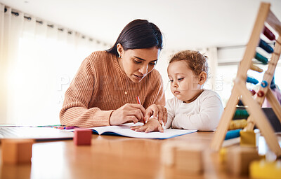 Buy stock photo Education, learning and mother with child drawing in book in home for studying, homework or homeschool. Early development, growth and creative boy with mama teaching him art color, bonding and care.