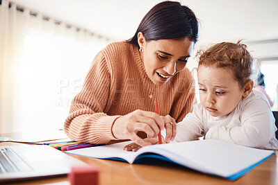 Buy stock photo Learning, education and mother with child drawing in book in home for studying, homework or homeschool. Early development, growth and creative boy with happy mama teaching him art, bonding and care.