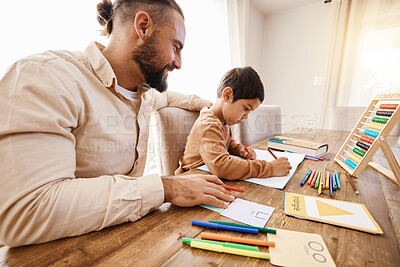 Buy stock photo Learning math, father and kid writing in book in home studying, homework help or homeschool tutor. Happy dad, boy and teaching in education, mathematics and knowledge for child development in house.