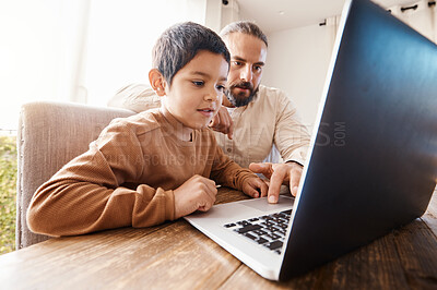 Buy stock photo ELearning, education and father with kid on laptop in home for studying, homework or homeschool. Development, growth and boy or child with man teaching him on computer for learning and help online.