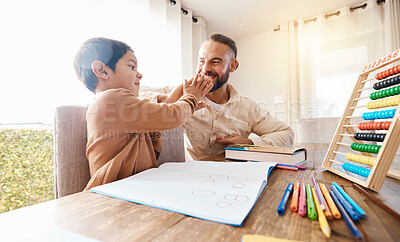 Buy stock photo Happy, education and father high five with child to celebrate after studying alphabet, homework help or homeschool. Family success, learning or boy with dad in gesture for development or achievement