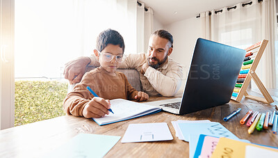 Buy stock photo Learning, math education and father with kid in home with book for studying, homework or homeschool. Development, growth and boy with man teaching him how to count, numbers and elearning with laptop.