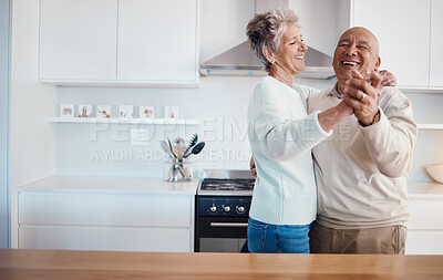 Buy stock photo Love, retirement and dancing, old couple in kitchen at home, weekend time and celebrate romance with smile. Dance, happiness and bonding, happy man and senior woman having fun in house or apartment.
