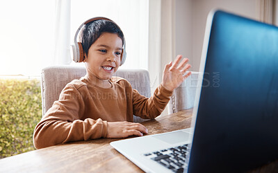 Buy stock photo Elearning, wave and kid on laptop video call with headphones for education or studying. Development, growth  and happy boy waving on computer for greeting in virtual or online class for homeschool.