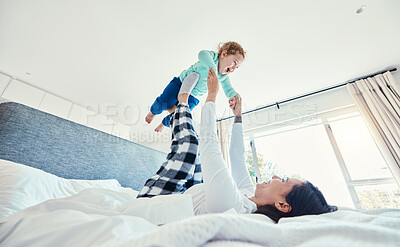 Buy stock photo Bed, morning and a mother playing with her daughter in a bedroom of their home together for bonding. Family, kids or love with a woman and girl child having fun together after waking up on a weekend