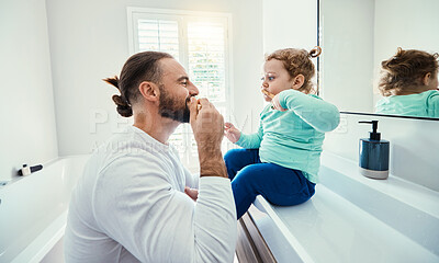 Buy stock photo Family, children or brushing teeth with a father and girl in the bathroom of their home together or dental hygiene. Kids, teaching or oral with man and female child bonding while mouth cleaning