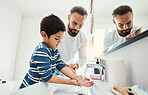 Cleaning hands, washing and father with boy in bathroom for hygiene, wellness and healthcare at home. Family, skincare and dad with child learning to wash with water, soap and disinfection by faucet