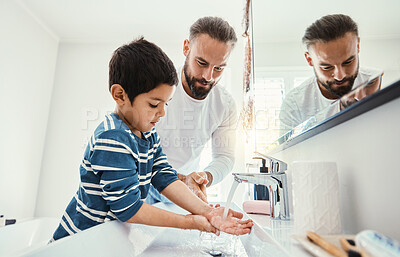 Buy stock photo Cleaning hands, washing and father with boy in bathroom for hygiene, wellness and healthcare at home. Family, skincare and dad with child learning to wash with water, soap and disinfection by faucet