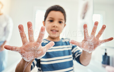 Buy stock photo Cleaning, hands with soap and boy in bathroom for hygiene, wellness and healthcare at home. Healthy family, skincare and portrait of child with open palms washing with water, soap and disinfection