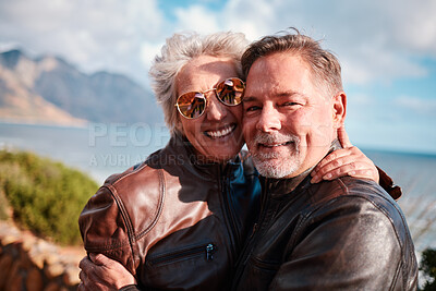Buy stock photo Travel, smile and portrait of senior couple enjoying holiday, adventure and vacation in countryside. Retirement, love and happy old man and woman in Italy for bonding, quality time and relax together