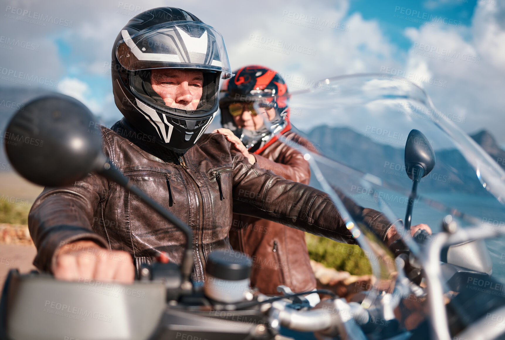 Buy stock photo Travel, motorbike and senior couple on vacation, retirement and quality time outdoor. Love, mature man and old woman on motorcycle, road trip and summer holiday for break, bonding and loving together