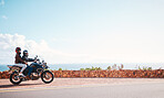 Motorcycle, mountain and couple on road for travel adventure, freedom and enjoying weekend together. Love, travelling mockup and man and woman ride on motorbike for holiday, vacation and journey