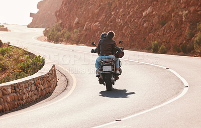 Buy stock photo Motorcycle, travel and couple on mountain for adventure, freedom and enjoy road trip together on weekend. Love, traveling and back of man and woman ride on motorbike for holiday, vacation and journey