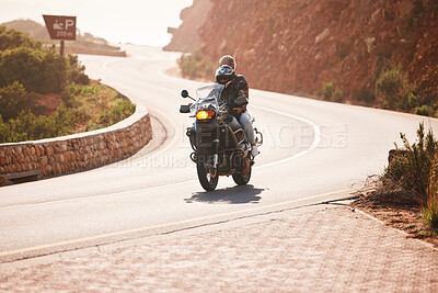 Buy stock photo Sports, adventure and couple on a motorbike on a mountain in the road with freedom and travel. Fitness, journey and biker riding a motorcycle with his wife in nature while on vacation or weekend trip