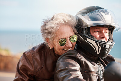 Buy stock photo Motorcycle, travel and senior couple on road trip for adventure, freedom and enjoying weekend in retirement. Love, summer and man and woman ride on motorbike for holiday, vacation and journey by sea