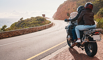 Buy stock photo Motorcycle, travel and back of couple on road for adventure, freedom and enjoy weekend on mountain. Love, travelling mockup and man and woman ride on motorbike for holiday, vacation and journey