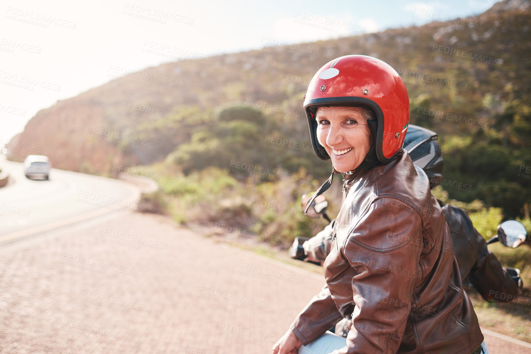 Buy stock photo Travel, motorcycle and portrait of senior woman with man on a road for driving, adventure and freedom. Face, bikers and old couple on motorbike, happy and having fun on retirement, journey or highway