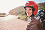 Motorcycle, travel and portrait of senior woman with man on a road for driving, adventure and freedom. Face, bikers and old couple on motorbike, happy and having fun on retirement, journey or highway