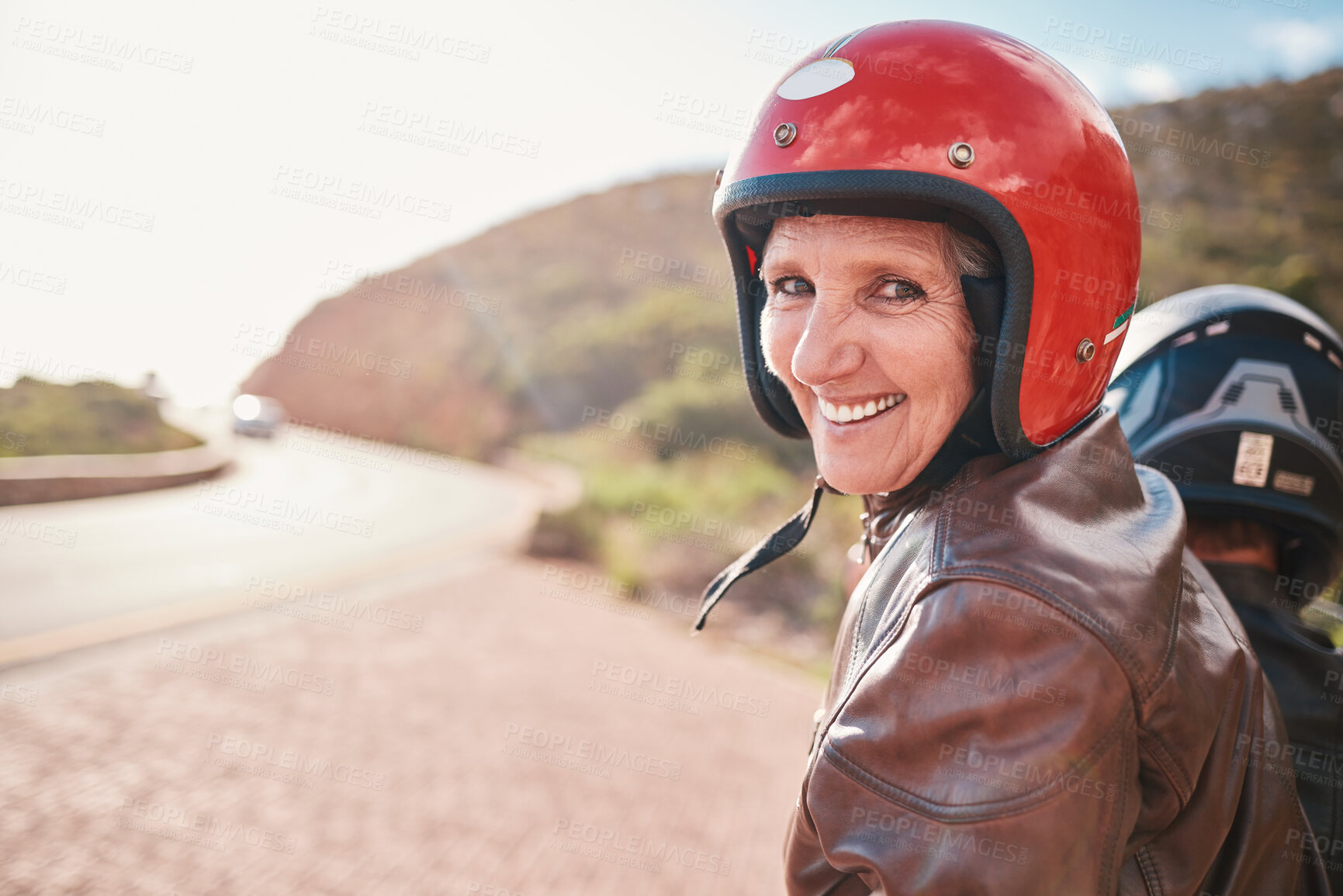 Buy stock photo Motorcycle, travel and portrait of senior woman with man on a road for driving, adventure and freedom. Face, bikers and old couple on motorbike, happy and having fun on retirement, journey or highway