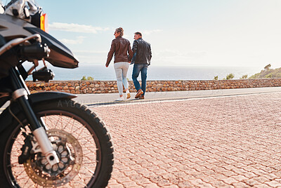 Buy stock photo Back, view and a biker couple on a road trip together in summer during retirement. Motorcycle, freedom or travel with a senior man and woman traveling along the coast while bonding on vacation