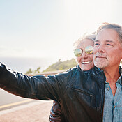  Senior biker couple, road trip selfie and smile with sunglasses, love ...