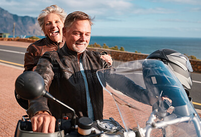 Buy stock photo Travel, mountain and senior couple on motorcycle for adventure, freedom and road trip in retirement. Adrenaline, travelling and happy man and woman ride on motorbike for holiday, vacation and journey