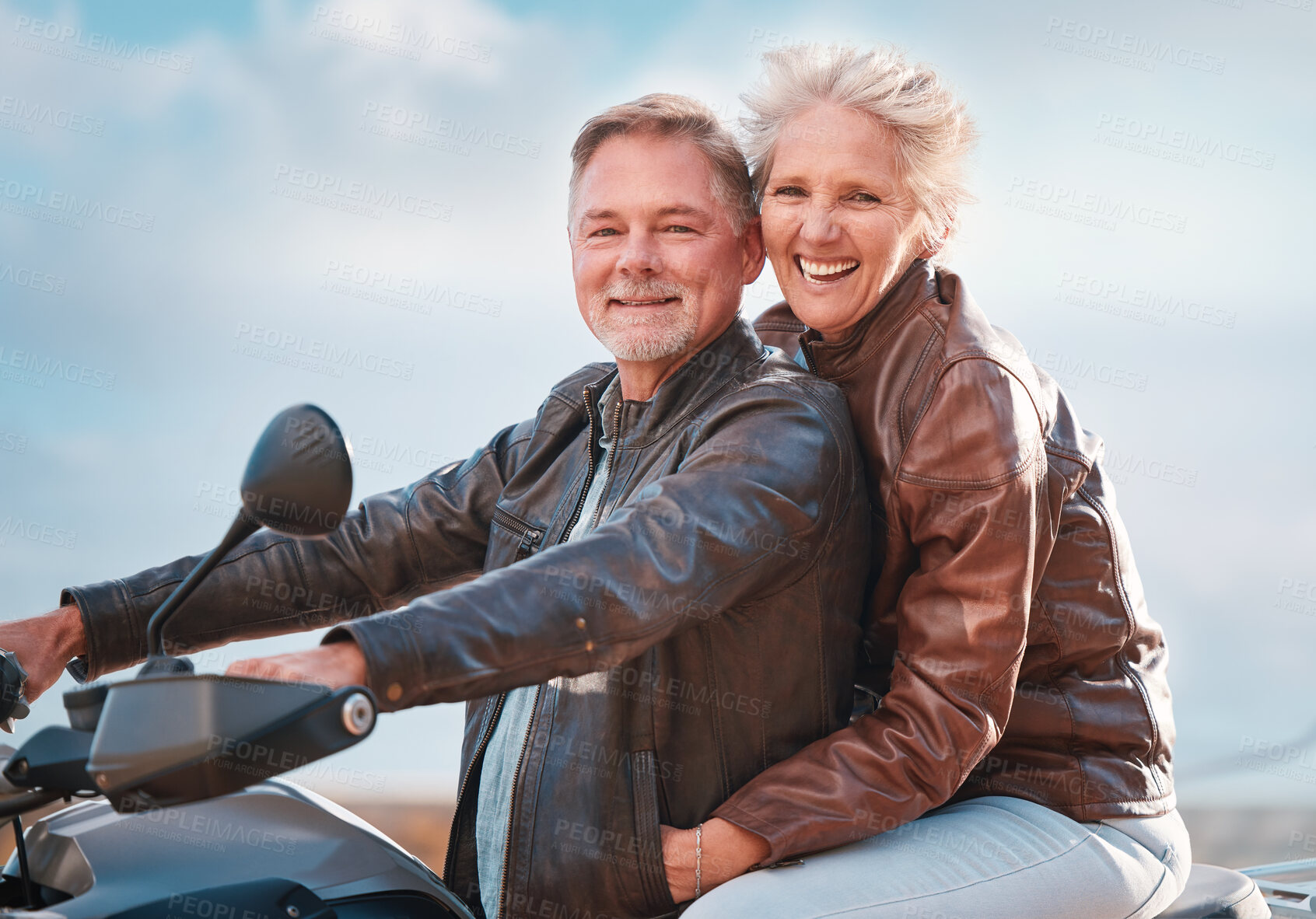 Buy stock photo Travel, motorcycle and portrait of senior couple on road trip, adventure and enjoy freedom in retirement. Smile, traveling and happy man and woman ride on motorbike for holiday, vacation and journey
