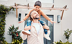 Love, father carry son and outdoor for quality time, garden and happiness for bonding, playful and relax. Family, dad or boy on shoulders, loving and care outside, break or carefree together or smile