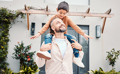 Buy stock photo Love, father carry son and outdoor for quality time, garden and happiness for bonding, playful and relax. Family, dad or boy on shoulders, loving and care outside, break or carefree together or smile