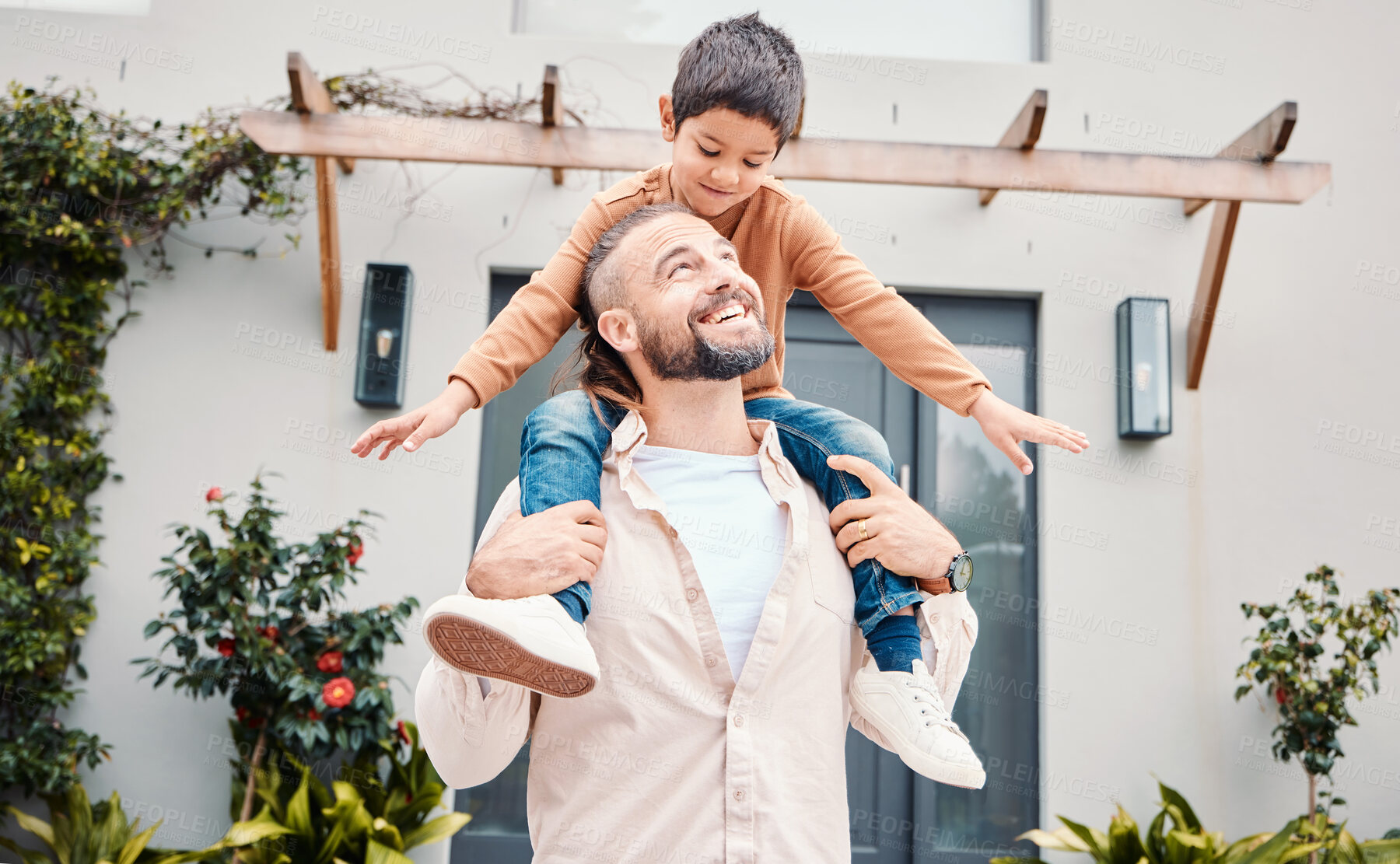 Buy stock photo Love, father carry son and outdoor for quality time, garden and happiness for bonding, playful and relax. Family, dad or boy on shoulders, loving and care outside, break or carefree together or smile