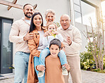 Big family portrait, man and woman with kids, grandparents and smile together at holiday home with love. Parents, children and generation with happiness, care and bonding in summer sunshine at house