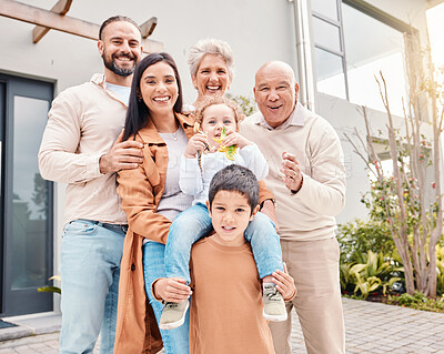 Buy stock photo Big family portrait, man and woman with kids, grandparents and smile together at holiday home with love. Parents, children and generation with happiness, care and bonding in summer sunshine at house