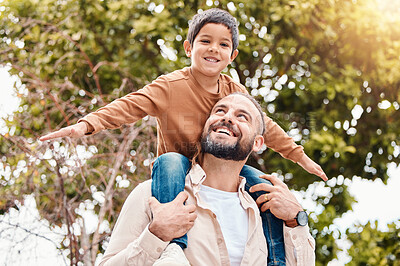 Buy stock photo Father, child and happy back ride in nature for family bonding time, summer break or holiday together outdoors. Happy dad carrying son on piggyback with smile enjoying vacation in the park outside