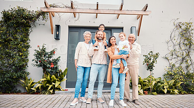 Buy stock photo Portrait of generations of family outside new home, real estate, investment and mortgage with security. Happy grandparents, parents and children standing together, homeowners with smile and happiness