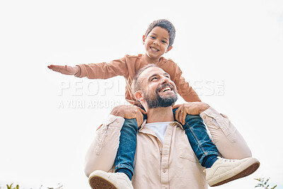 Buy stock photo Family, children and boy sitting on the shoulders of his father outdoor while bonding from below. Fun, kids and love with a man carrying his son outside while spending time together being playful