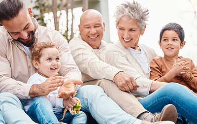 Buy stock photo Bonding, happy and family laughing during a visit for love, care and happiness. Playing, interracial and grandparents, children and father in a garden for quality time, playful and cheerful together